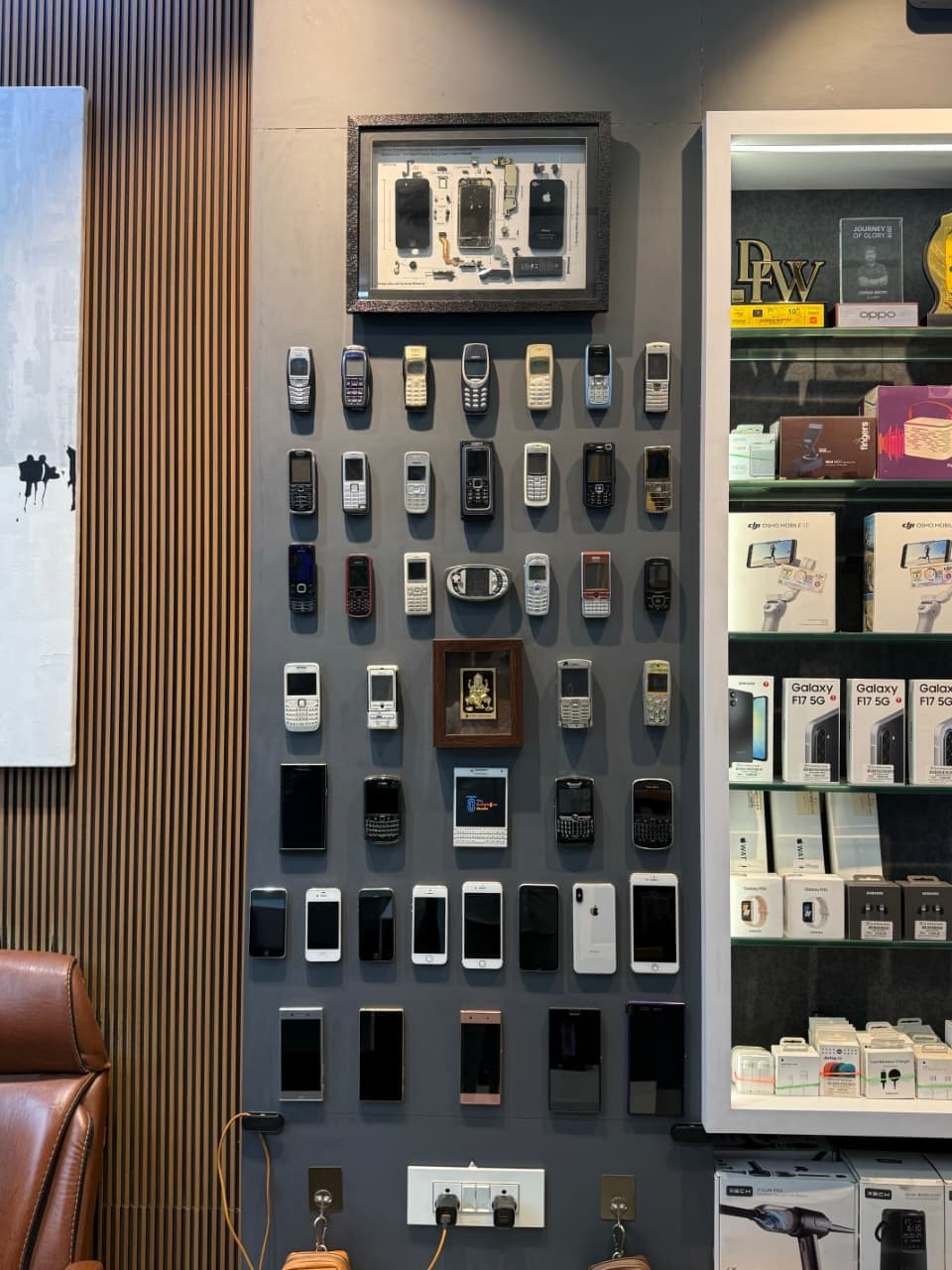 Vintage feature wall telling The Cellphone Studio story